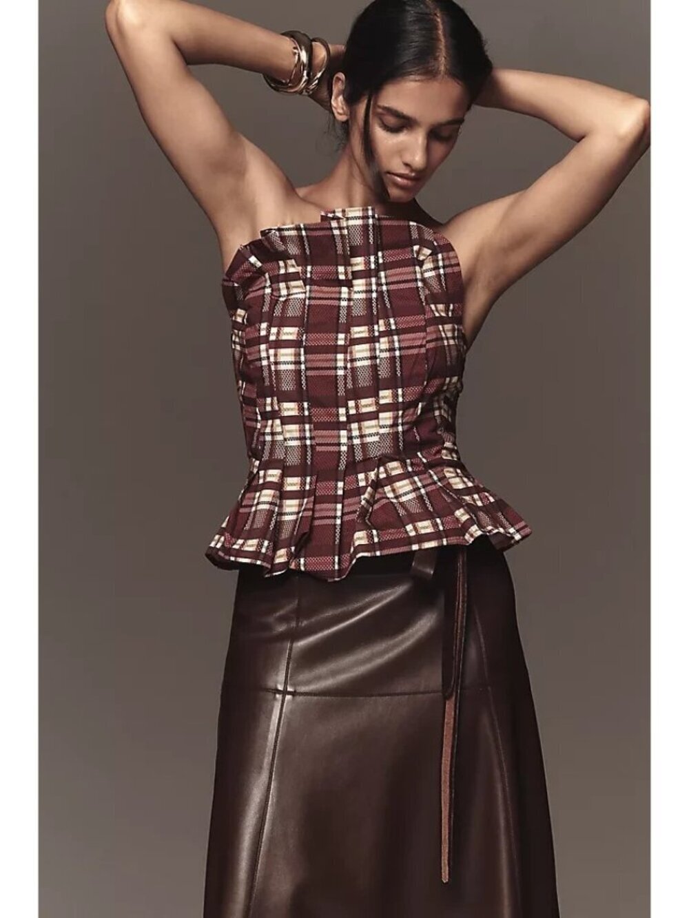 Anthropologie Porridge Ruffled Peplum Strapless Corset Top Barberry Plaid Xl